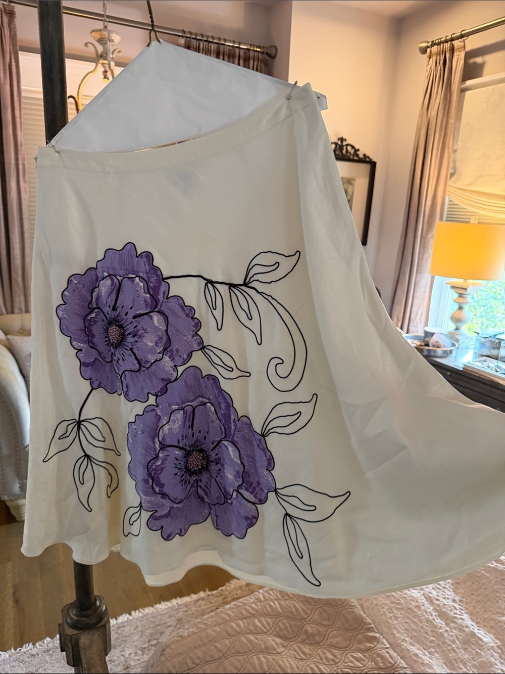 Women’s Cream Floral Midi Skirt with Purple Accent